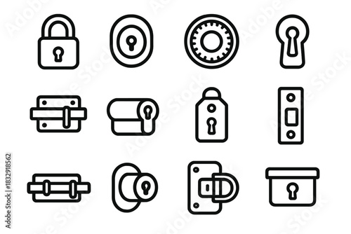 Lock and Key Icons. Lock & Key Set linear icon set: padlock, deadbolt, safe dial, keyhole, latch mechanism, lock cylinder, combination tag, secure plate, bolt bar, cam lock, gate
