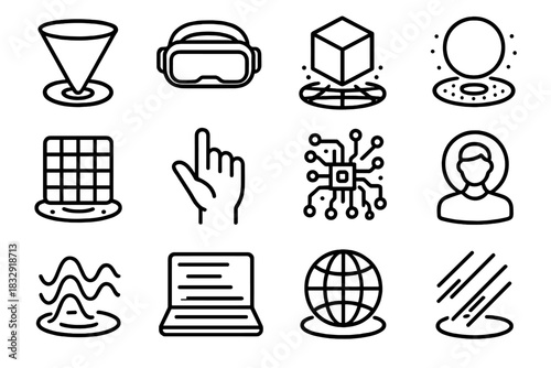 Futuristic Digital Holograms. Digital Holograms linear icon set: hologram projection, VR headset, 3D cube, glowing sphere, data grid, hand gesture, circuit board, avatar icon