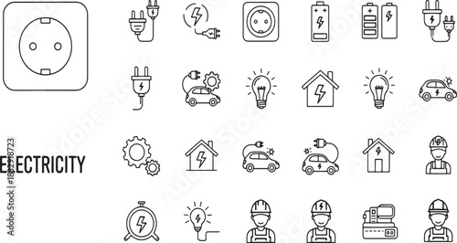 Electricity concept with power supply icons outlet light bulb and electric car in line drawing style for web mobile and print design