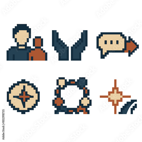 Community Support Icons. Community Guidance Support pixel style icon set: mentor figure, support hands, listening bubble, direction arrow, collective compass, unity ring, clarity