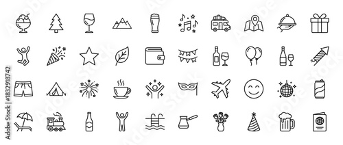 Travel, vacation, party, and celebration outline icon set. Vector pictograms of train, wine, firework, gift, and tent, thin linear illustration.