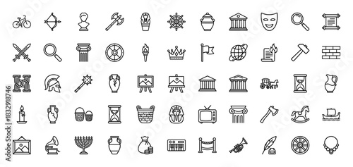 History and culture line icon set. Vector pictograms of museum, hourglass, column, vase, and crown, thin linear illustration.