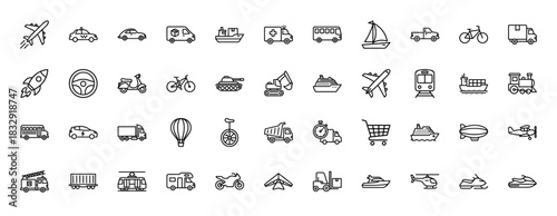Transportation line icon set. Vector pictograms of aircraft, car, bus, ship, train, and other vehicles, thin linear illustration.