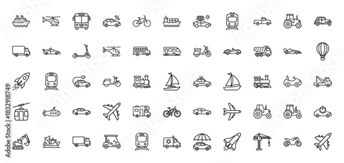 Transportation line icon set. Vector pictograms of car, bus, train, ship, airplane, truck, bicycle, helicopter and rocket, thin linear illustration.