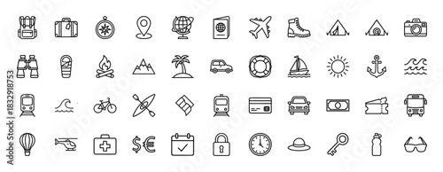Travel and adventure line icon set. Vector pictograms of backpack, suitcase, map, plane, camera, tent, sailboat, and car, thin linear illustration.