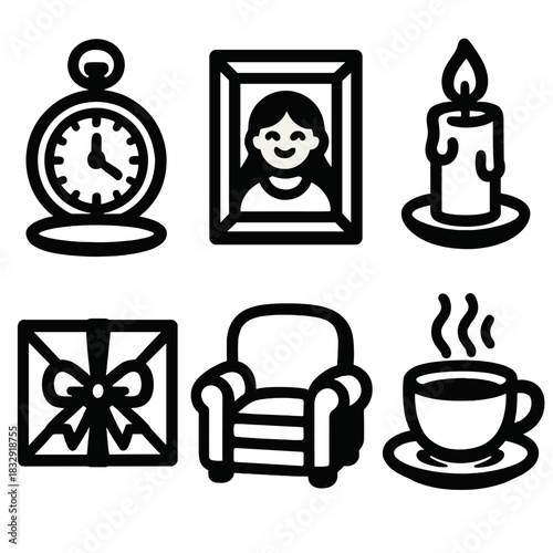 Iconic Treasured Memories. Precious Moments silhouette icon set : open pocket watch, framed photo, candlelight, ribboned letter, cozy armchair, steaming tea cup