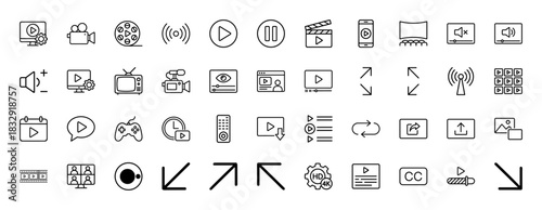Video and multimedia line icon set. Vector pictograms of film reel, camera, clapperboard, play button, tv, volume and game controller, thin linear illustration.