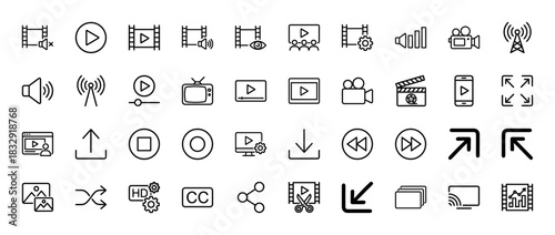 Media and video player controls line icon set. Vector pictograms of play, pause, stop, volume, camera, and settings, thin linear illustration.