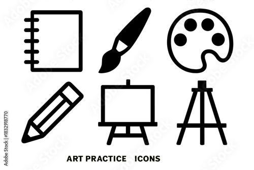Brutalist Art Icons. Art Practice silhouette icon set. sketchbook, paintbrush, color palette, canvas, pencil, easel.