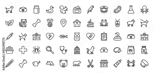 Veterinary and pet care line icon set. Vector pictograms of dog, cat, clinic, stethoscope, syringe, animals, food, bone and medicine, thin linear illustration.