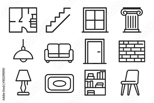 Outline Interior Elements. Interior architecture linear icon set: floor plan, staircase, window frame, column, ceiling light, sofa, door, wall texture, lamp, rug, bookshelf, chair