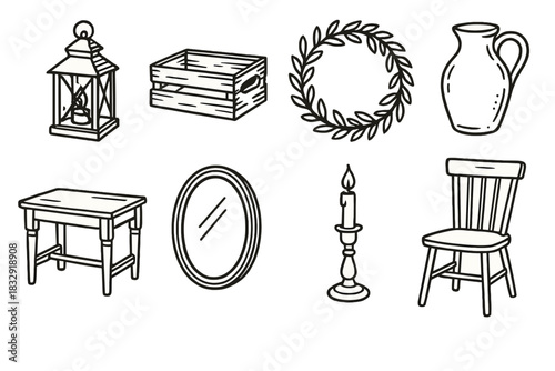 Vintage Farmhouse Icons. Vintage Farmhouse Charm linear icon set. lantern, wooden crate, wreath, jug, table, mirror, candle holder, chair