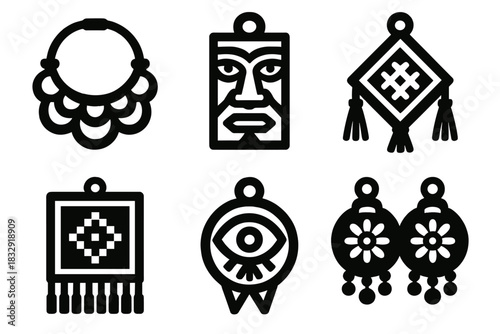Cultural Ornaments Icons. Cultural Ornaments silhouette icon set: tribal necklace, carved pendant, embroidered charm, beadwork, symbolic amulet, heritage jewelry