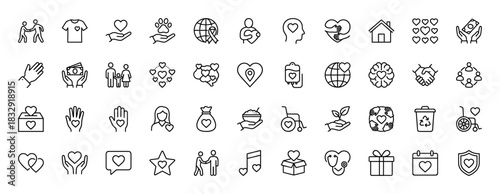 Charity and donation line icon set. Vector pictograms of heart, hands, money, community, and aid items, thin linear illustration.