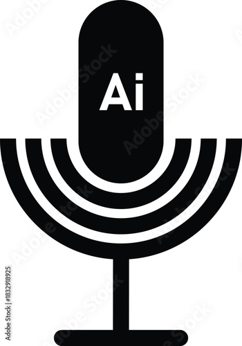 Clean black AI microphone symbol with layered sound waves, ideal for voice recording apps, speech recognition systems, podcasts, smart assistants, and modern tech UI design.