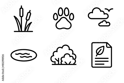 Wetland Wildlife Icons. Natural Habitat Observation linear icon set: wetland reed, wildlife footprint, calm pond, shrub shelter, sky scan, nature note card