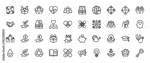 Charity and donation line icon set. Vector pictograms of globe, heart, hands, box, vest, and money, thin linear illustration.
