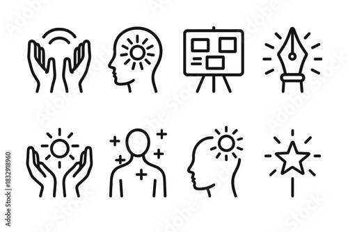 Creative Vision Icons. Vision Creation Icons linear icon set: manifestation hands, radiant thought, dream board, creative pen, glowing orb, positive energy, open mind, shining star