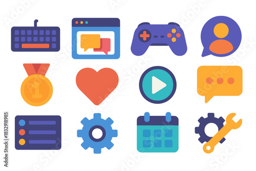 Modern Gaming Icons. Gaming Forums flat icon set: keyboard, chat window, controller, comment icon, user avatar, ranking badge, heart symbol, play icon, speech bubble, thread list