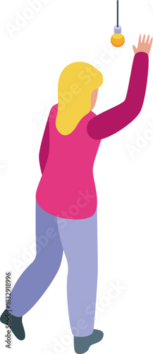 Woman trying to reach hanging light bulb, changing lightbulb isometric icon