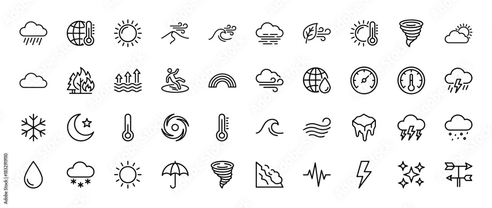 Naklejka premium Weather forecast line icon set. Vector pictograms of sun, rain, cloud, snow, wind, tornado, thermometer, lightning, moon and umbrella, thin linear illustration.