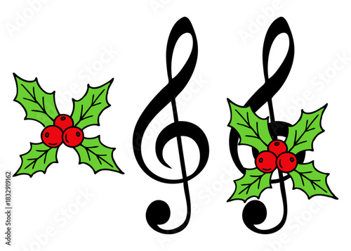 Símbolo de clave de sol con hojas y bayas de acebo para tarjetas y felicitaciones de Navidad 