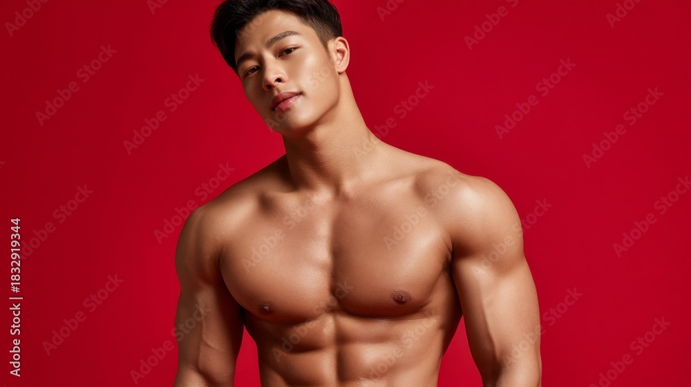Fototapeta premium A confident model stands against a bright red background, displaying a well-defined, muscular body. The scene embodies strength and style, capturing attention with bold colors and dynamic energy