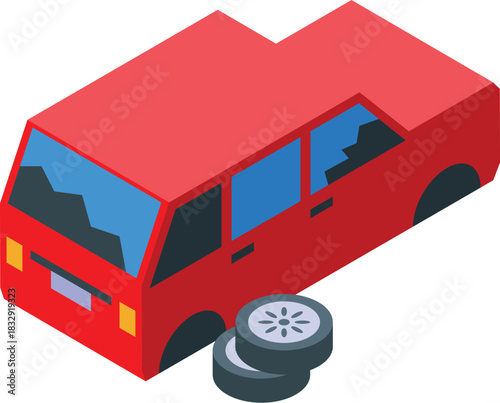 Red car body without wheels and broken windshield, symbolizing car accidents, scrap metal, and recycling