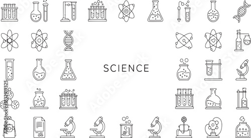 Scientific Research and Experimentation Concepts Outline Graphic Illustration with Flasks Microscopes and Molecular Structures