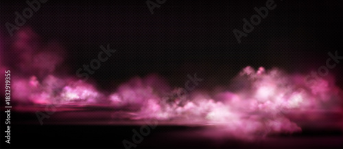 Vector realistic background with pink and purple clouds on a dark transparent background. Detailed clouds with fog, smoke and soft glow effects. Cloudy pink sky on a transparent background.