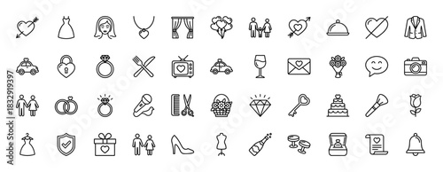 Wedding and marriage line icon set. Vector pictograms of bride, groom, ring, cake, dress, bouquet, champagne, heart, car and gift, thin linear illustration.