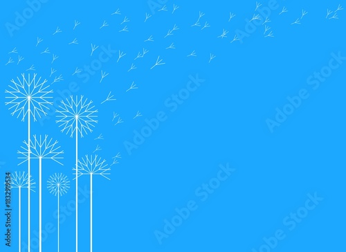 Minimalist dandelion illustration with seeds blowing in the wind on blue background. Simple line art design for spring and nature concepts.