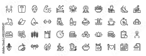 Healthy lifestyle and wellness line icon set. Vector pictograms of diet, fitness, exercise, and sleep, thin linear illustration.