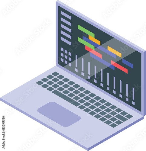 Audio editing software displayed on a laptop screen, featuring colorful bars, controls, and a user friendly interface for music production