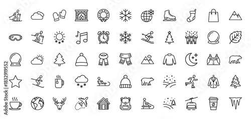 Winter and christmas line icon set. Vector pictograms of snowflake, snowman, deer, skiing, and snow globe, thin linear illustration.