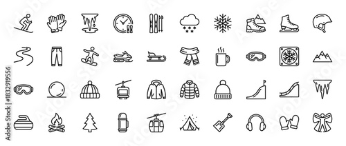 Winter season line icon set. Vector pictograms of snowflake, skier, snowmobile, ice skates, gloves, boots, and a campfire, thin linear illustration.