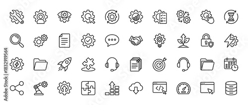 Technology and development line icon set. Vector pictograms of settings, gear, data, folder, and rocket, thin linear illustration.
