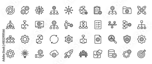 Business and technology process management line icon set. Vector pictograms of settings, workflow, organization, and development, thin linear illustration.