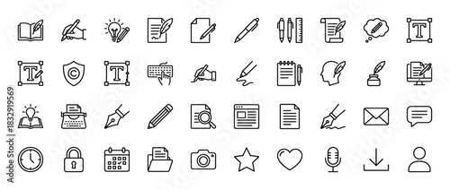 Writing and creative process line icon set. Vector pictograms of pen, paper, book, idea, type, and calendar, thin linear illustration.