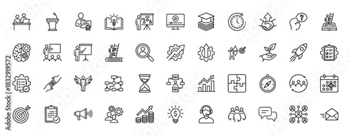 Business and coaching line icon set. Vector pictograms of presentation, training, rocket, handshake, target, gear, puzzle, calendar and team, thin linear illustration.