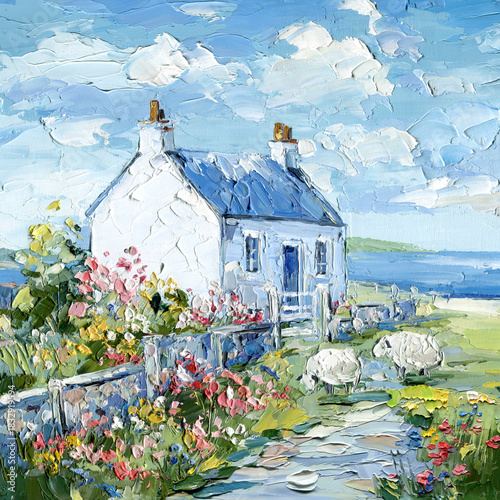 Canvastavla Coastal cottage with blooming garden and grazing sheep impasto painting under br