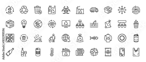 Waste management line icon set. Vector pictograms of recycling, garbage truck, biohazard, plastic, battery, organic, electronic, pollution, thin linear illustration.