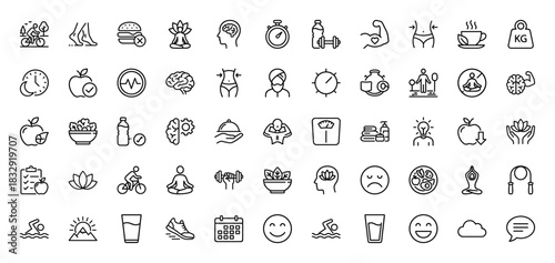 Healthy lifestyle line icon set. vector pictograms of food, fitness, sleep, and well-being, thin linear illustration.