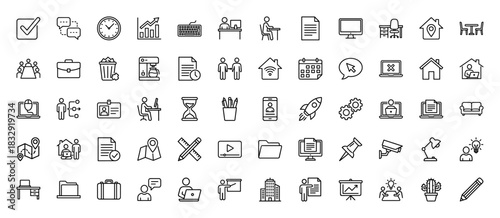 Business line icon set. Vector pictograms of office desk, clock, documents, calendar, and computer, thin linear illustration.