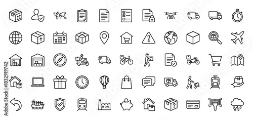 Logistics and shipping line icon set. Vector pictograms of delivery truck, warehouse, package, globe, and stopwatch, thin linear illustration.