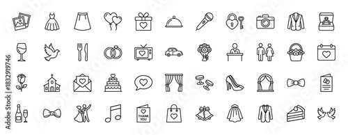 Wedding line icon set. Vector pictograms of rings, dress, cake, and church, thin linear illustration.