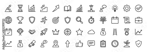 Business and success line icon set. Vector pictograms of handshake, trophy, arrow, graph, and calendar, thin linear illustration.
