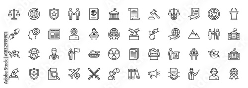 Politics and diplomacy line icon set. Vector pictograms of voting, justice, handshake, government, peace, war, negotiation, thin linear illustration.