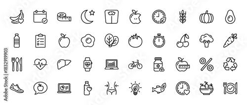 Health and nutrition line icon set. Vector pictograms of apple, scale, heart rate, avocado, and exercise, thin linear illustration.