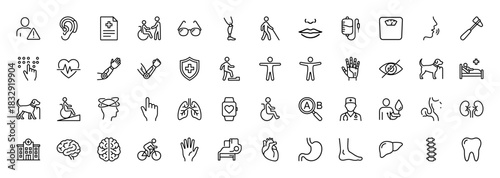 Healthcare and disability line icon set. vector pictograms of medical records, heart rate, anatomy, and human conditions, thin linear illustration.